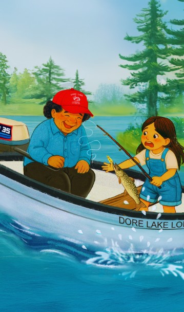 Illustration of Ada fishing with her grandfather in a Dore Lake Lodge boat