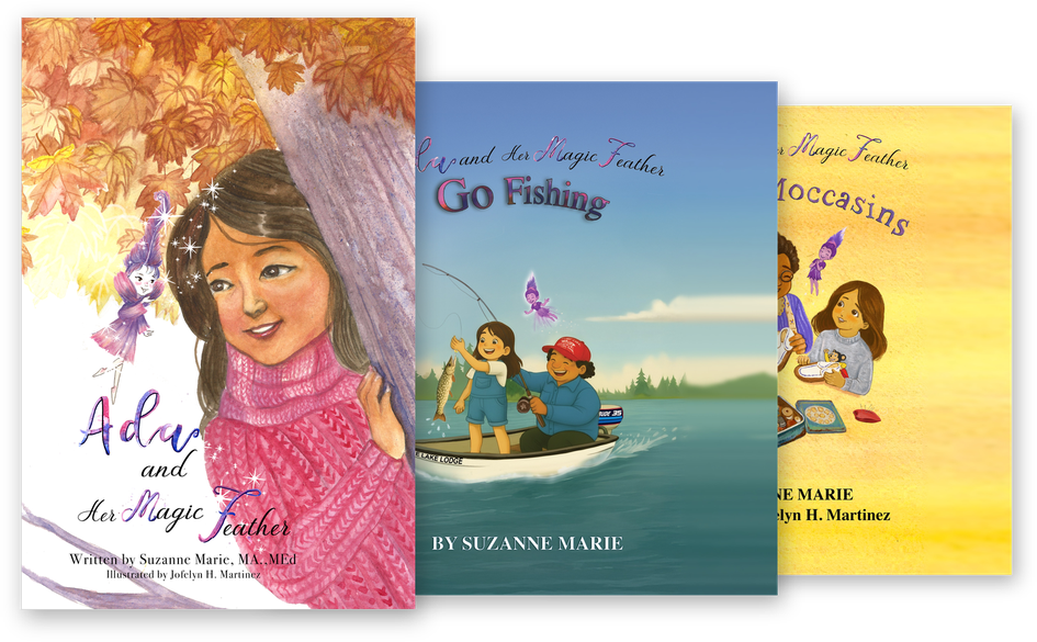 The three Ada and Her Magic Feather picture books: the original, Go Fishing, and Make Moccasins