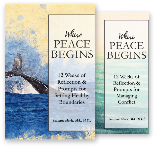 The two Where Peace Begins journals: Setting Healthy Boundaries, with a whale tail rising from the sea, and Managing Conflict, with soft teal water