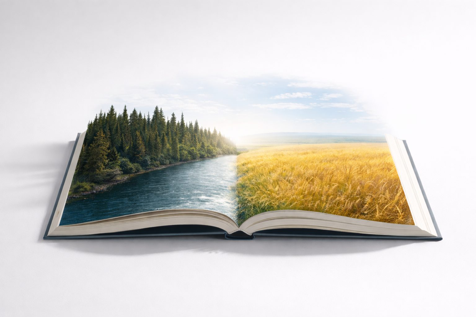 An open book whose pages become a river through spruce forest on one side and a golden prairie field on the other